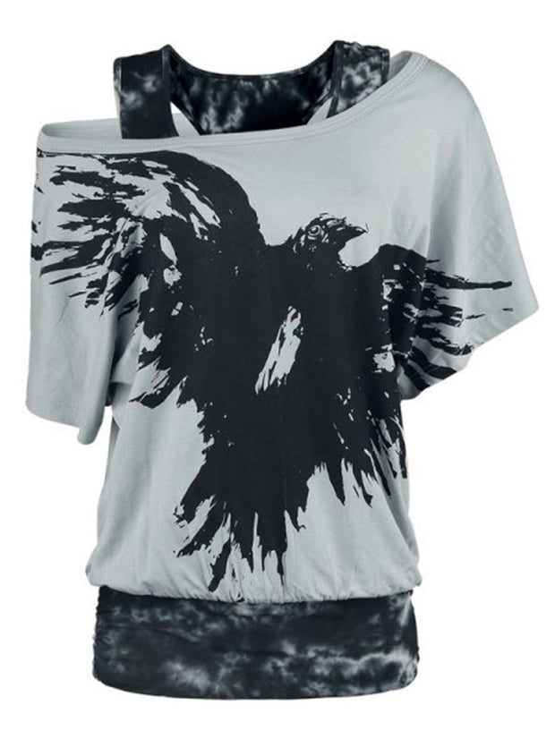 Kurzärmliges T-Shirt mit Hosenträgern und Retro-Vogel-Print 