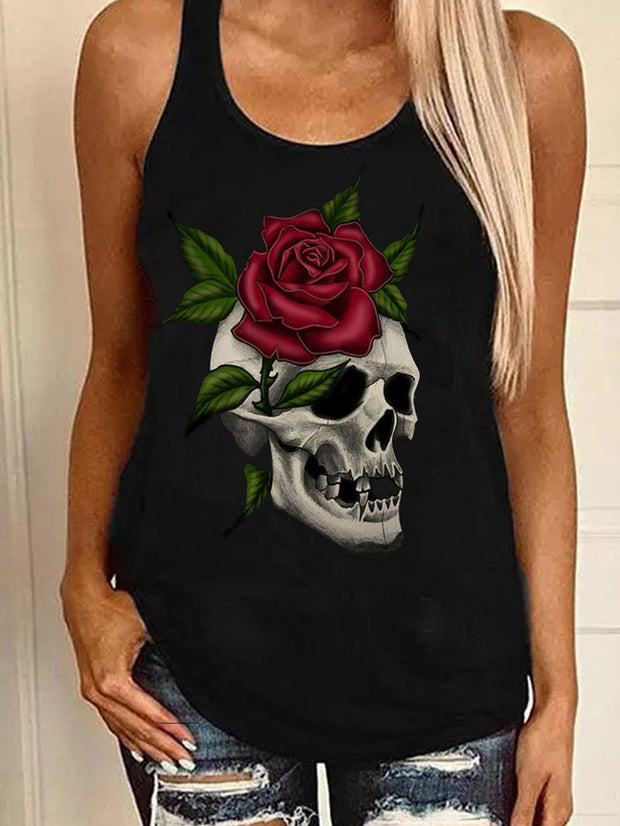 Rose Skull Printed Chic Sleevelss Top