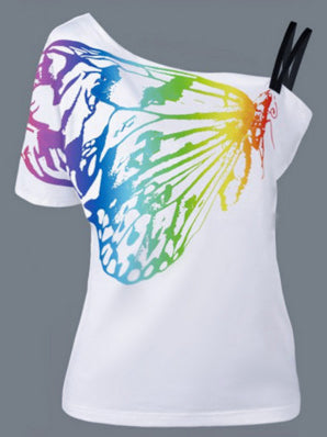 T-shirt irrégulier à bretelles et épaules dénudées imprimé papillon 