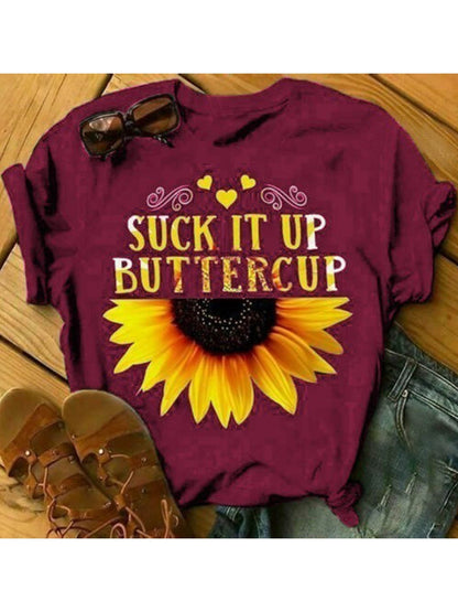 Sunflower Letter Printed Round Neck T-shirt