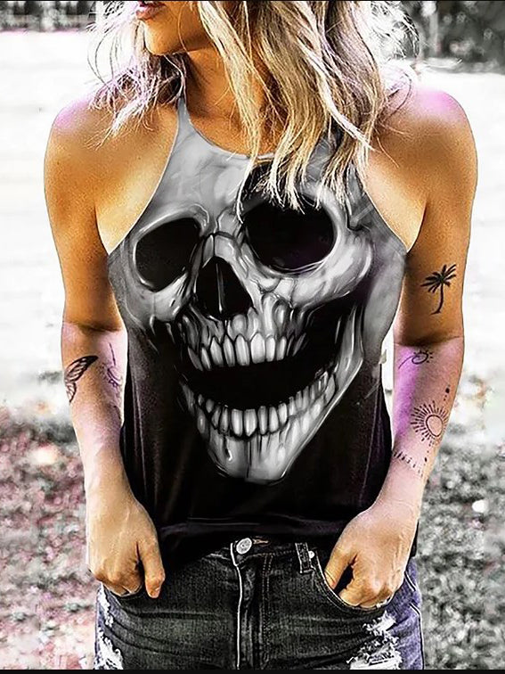 Women's Vintage 3D Skull Print Round Neck Tank Top