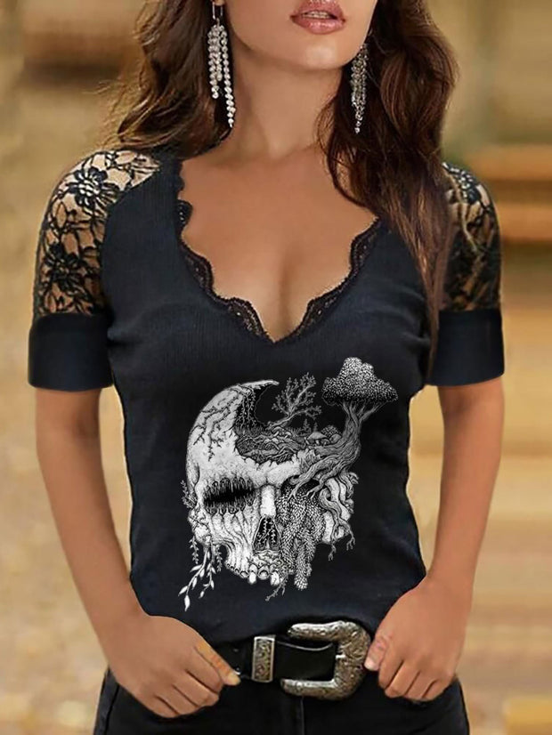 Stylish Skull Graphic V-Neck T-Shirt