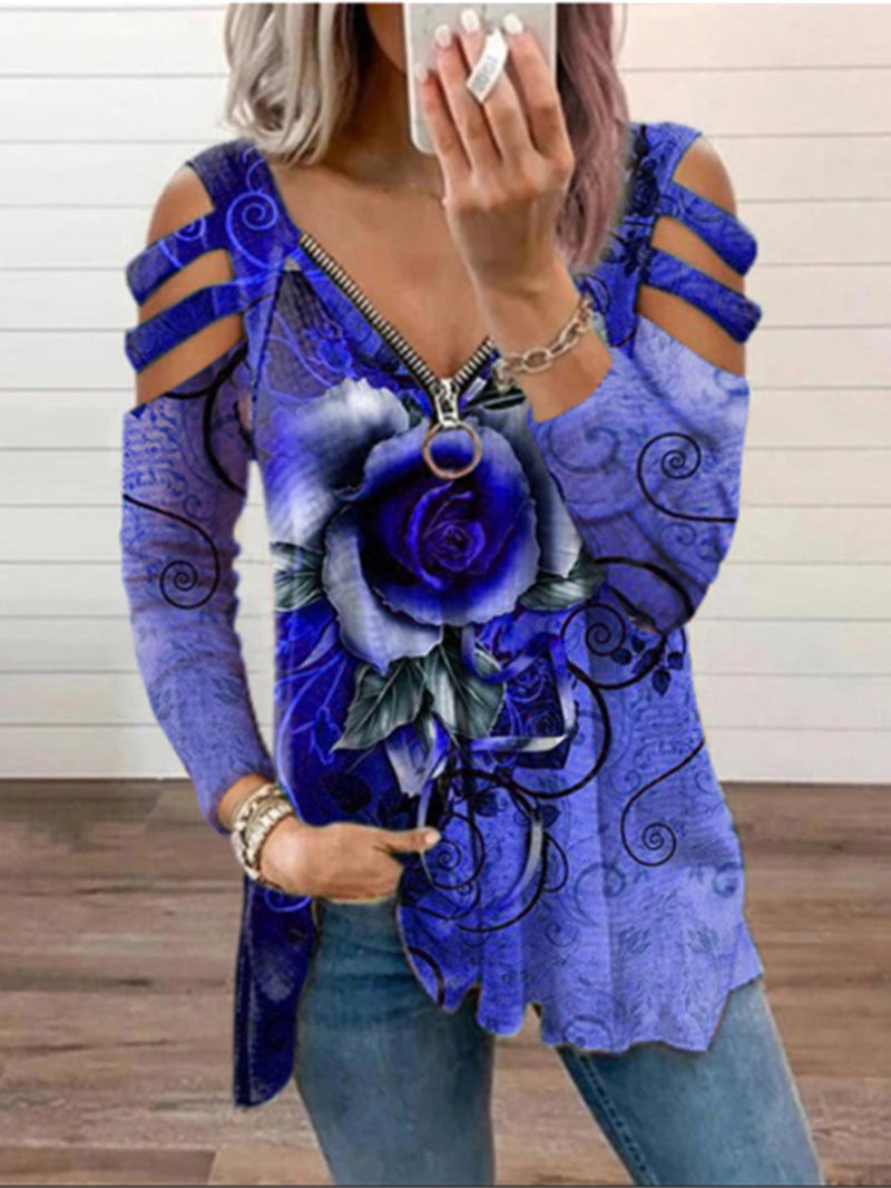 V-neck Zipper Rose Printed Long-sleeved T-shirt