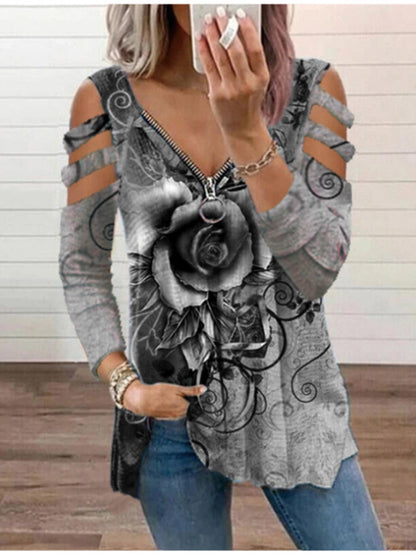 V-neck Zipper Rose Printed Long-sleeved T-shirt