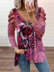 Langärmliges T-Shirt mit V-Ausschnitt, Reißverschluss und Rosen-Print
