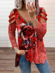 V-neck Zipper Rose Printed Long-sleeved T-shirt