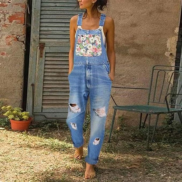 Floral Patch Ripped Denim Overalls