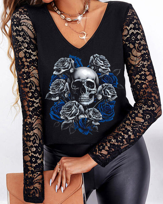 Blue Rose Skull V-Neck Lace Long Sleeve Top