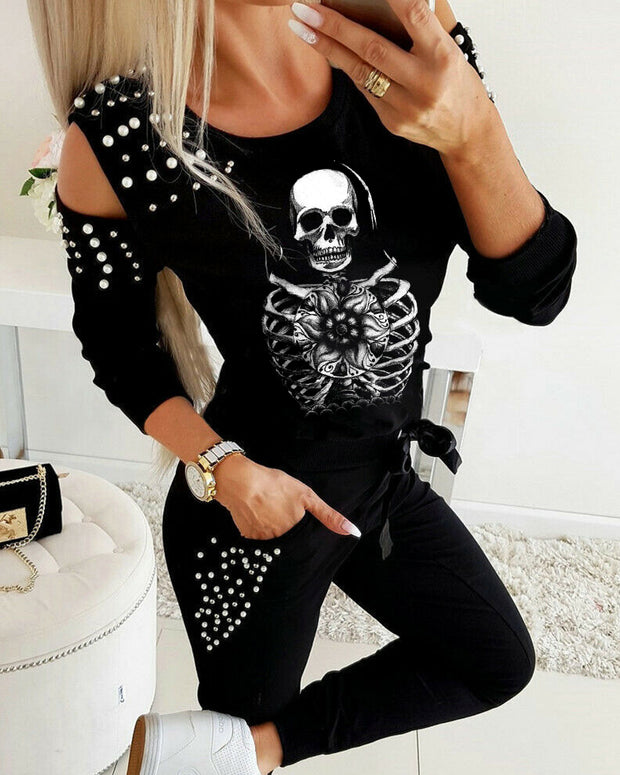 Skull Skeleton Print Sexy Beaded Long Sleeve Set