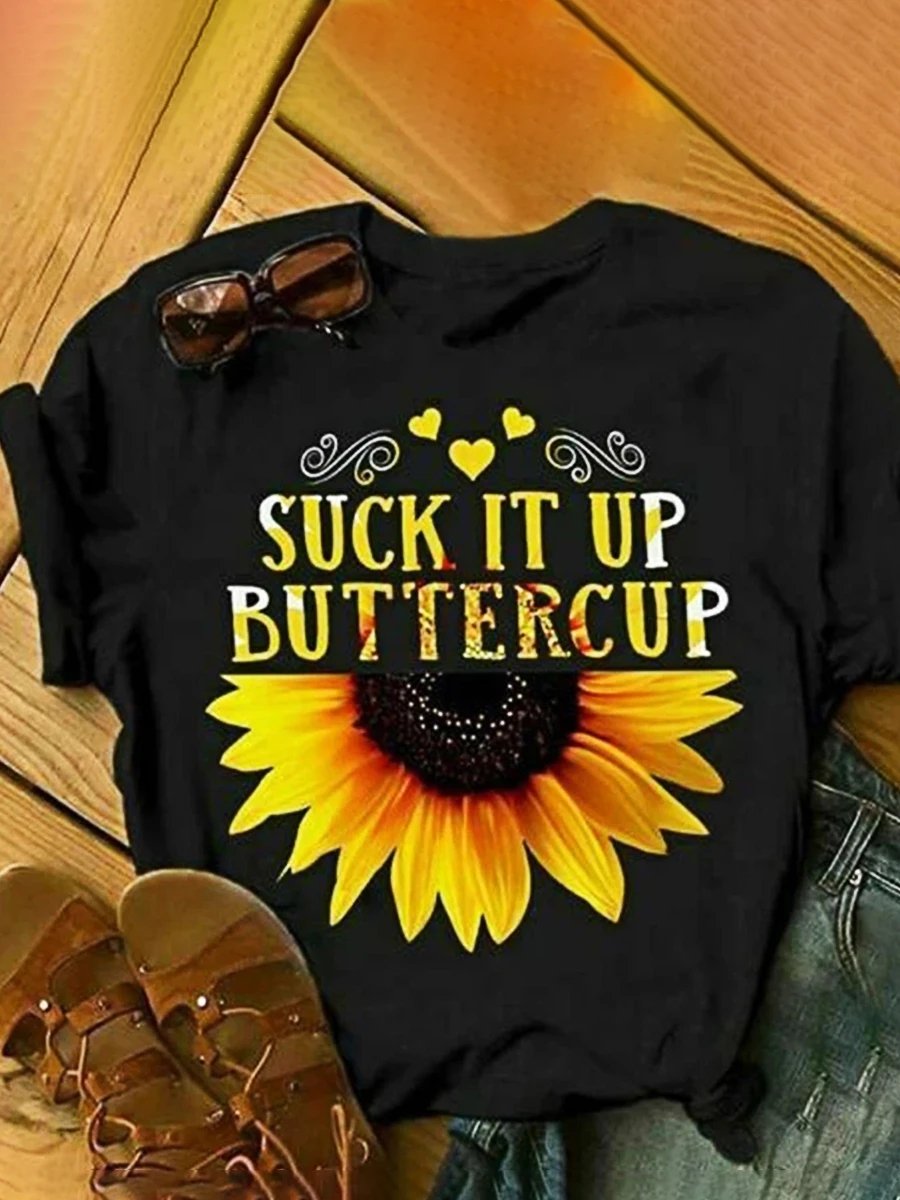 Sunflower Letter Printed Round Neck T-shirt