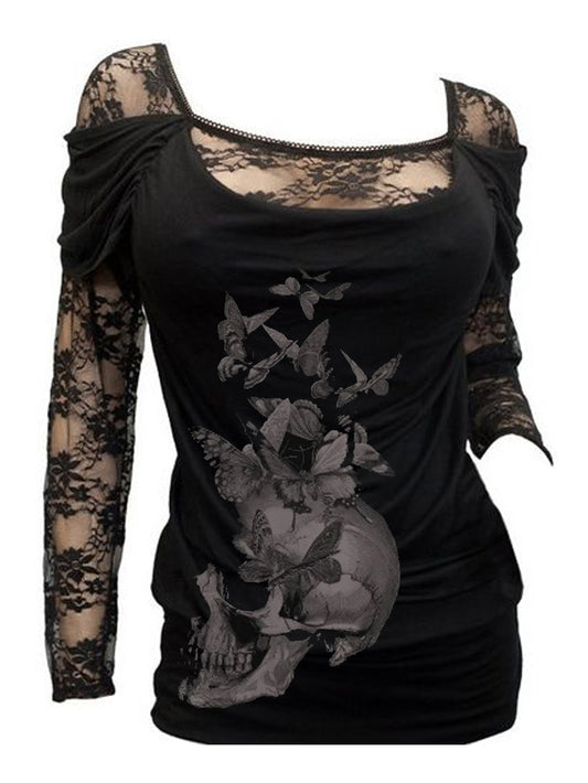 Sexy Langarm-Top mit Blumenspitze und Schmetterlings-Totenkopf-Motiv