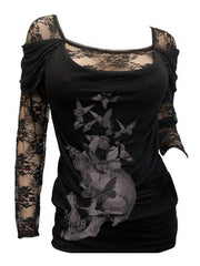 Butterfly Skull Art Sexy Floral Lace Long Sleeve Top