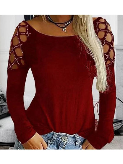 Hollowed-out Rhinestone Long Sleeve T-shirt