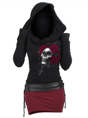 Gothic Roses And Skulls Print Color Block Hooded Dress