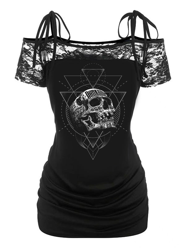 Geometric Skull Print Knitted Stitching Lace Sling Top