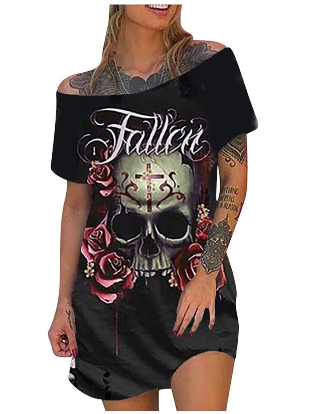 Halloween Scary Printed Off-Shoulder Casual Dress