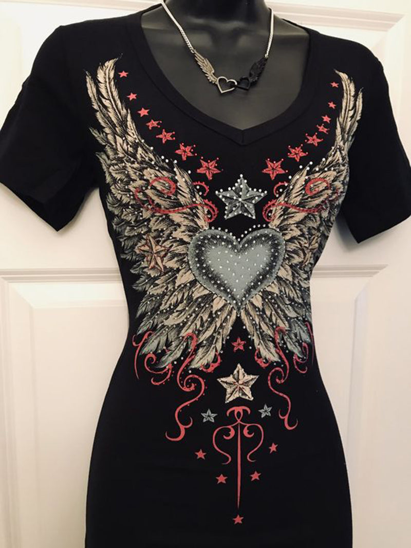 V-neck short-sleeved punk wings and stars print T-shirt