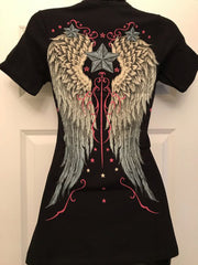 Kurzärmliges T-Shirt mit V-Ausschnitt und Punk-Flügel- und Sternen-Print 
