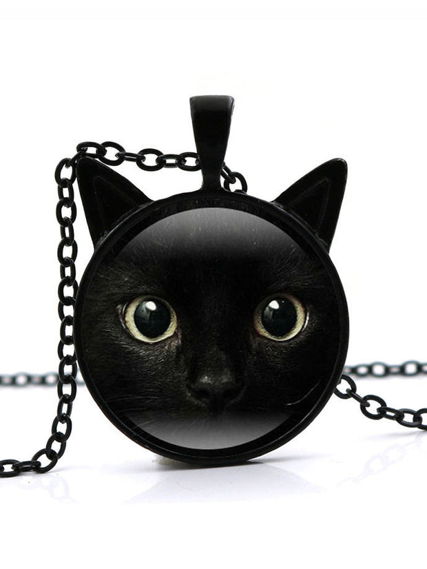 Black Cat Face Time Gemstone Necklace
