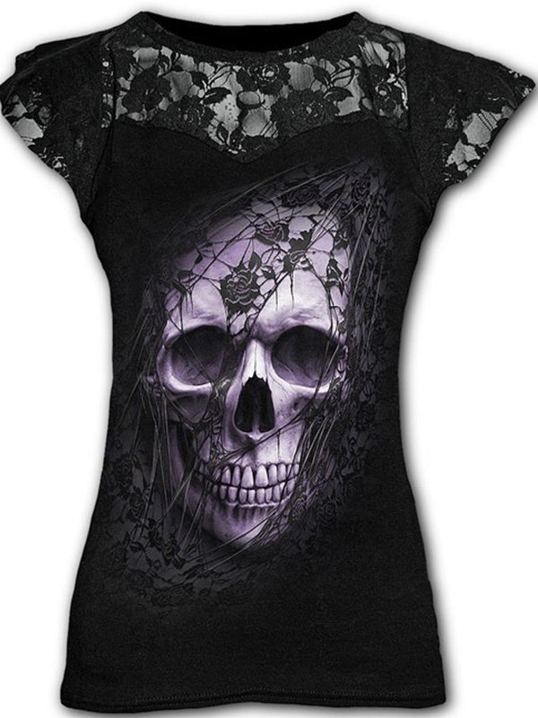 T-shirt femme imprimé tête de mort en dentelle patchwork 