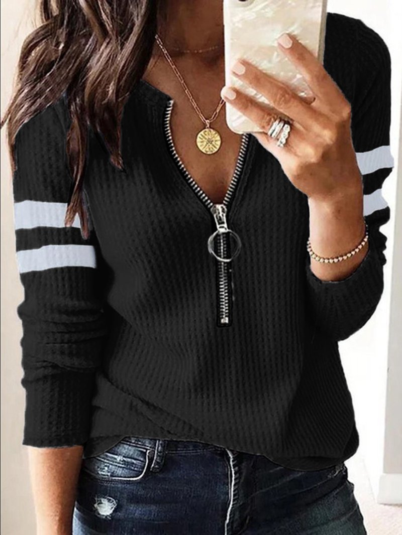 Knitted Solid Color Loose Zipper Long Sleeve T-shirt