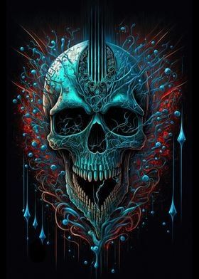 Blue Red Wild Biomechanical Skull Full Print V-neck T-shirt