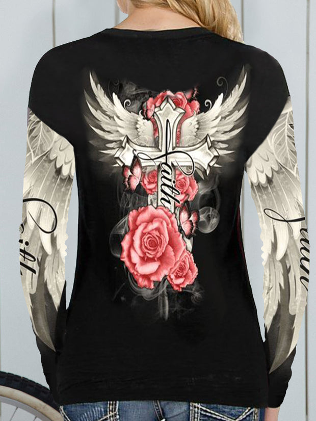 Wings Cross Roses Printed Long Sleeve T-Shirt