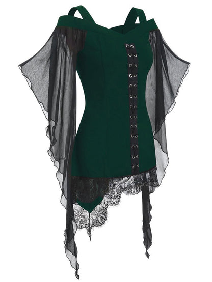 Gothic Cold Shoulder Lace-Up Blouse