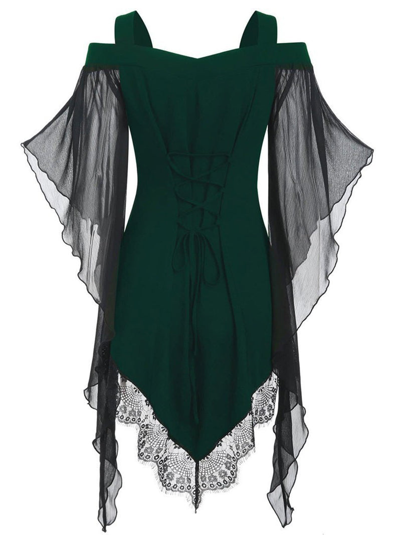 Gothic Cold Shoulder Lace-Up Blouse