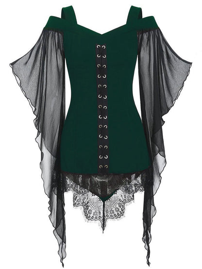 Gothic Cold Shoulder Lace-Up Blouse