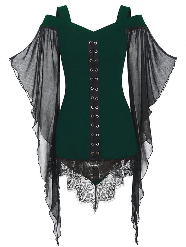 Gothic Bluse mit Schnürung und Cold Shoulder 