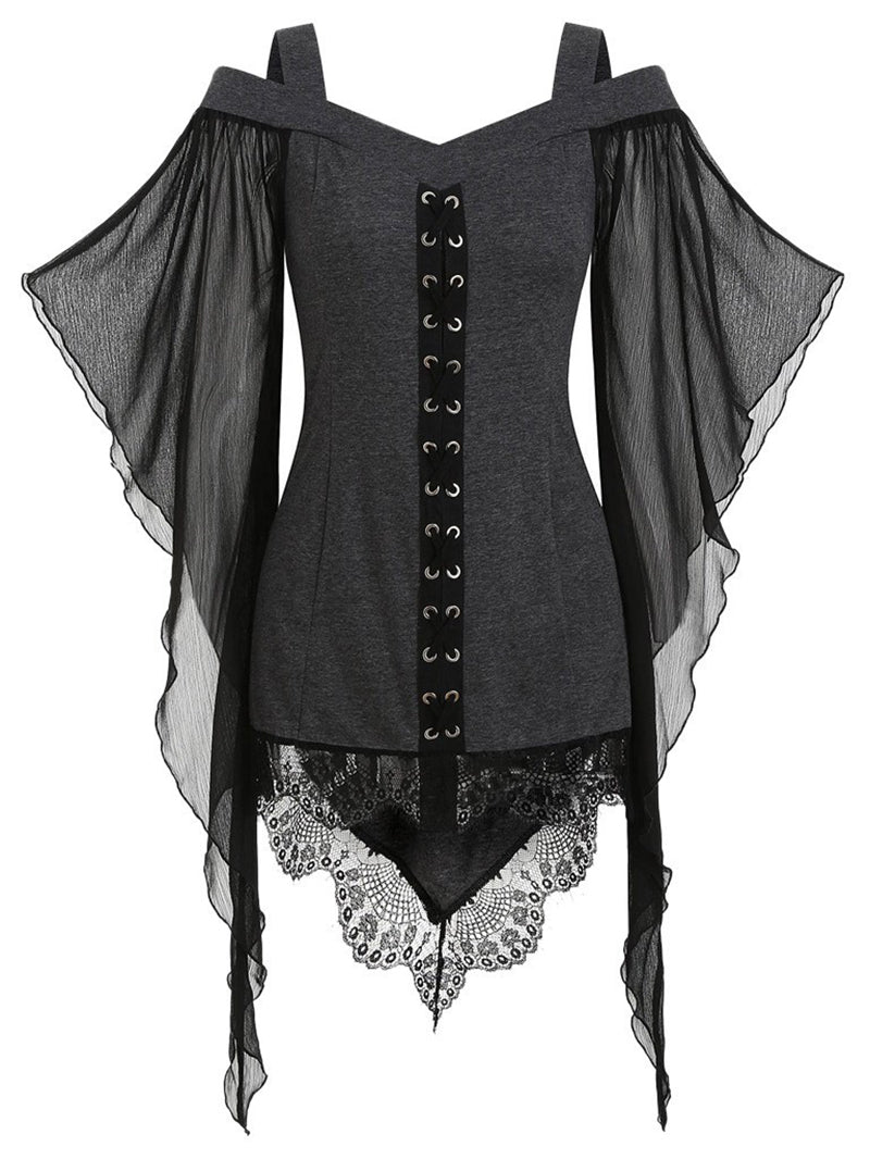 Gothic Cold Shoulder Lace-Up Blouse