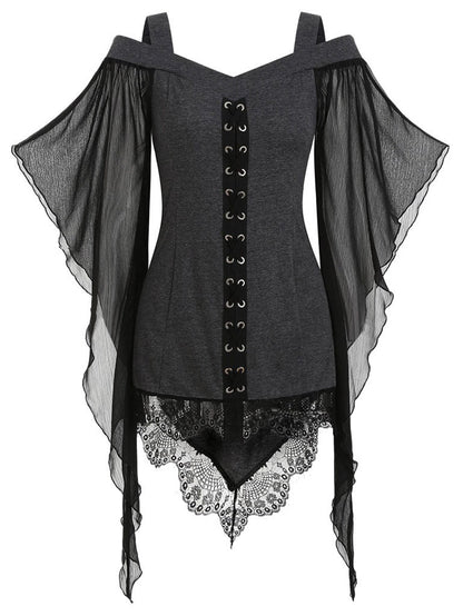 Gothic Cold Shoulder Lace-Up Blouse