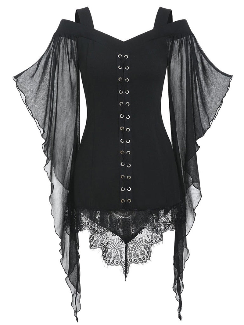 Gothic Cold Shoulder Lace-Up Blouse