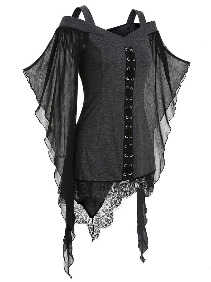 Gothic Cold Shoulder Lace-Up Blouse