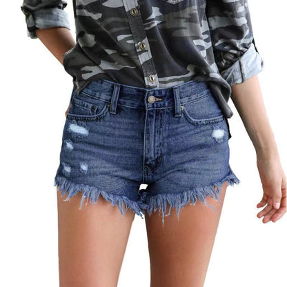 Ripped Tassel Solid Color Denim Shorts