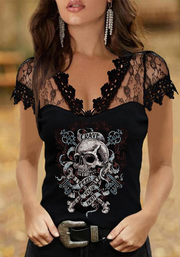 Skull Feed Your Body Printed V-neck Lace Sleeve Slim Fit Patchwork Top