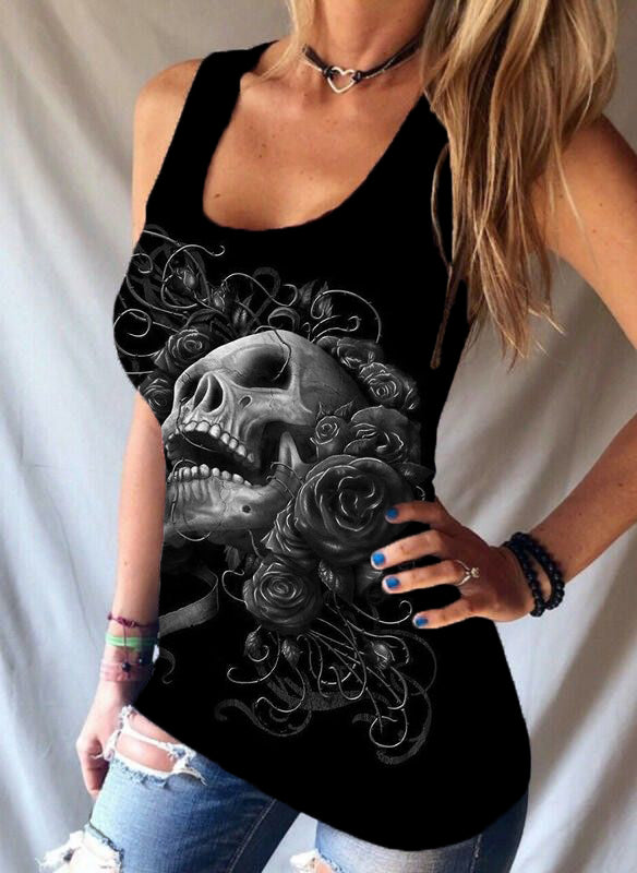 Scoop Neck Skull Printed Tank Top