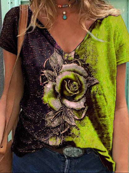 Rose Printed V-neck Short-sleeved T-shirt