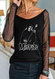 Heavy Metal Music Print Round Collar Gauze Raglan Long Sleeve T-shirt