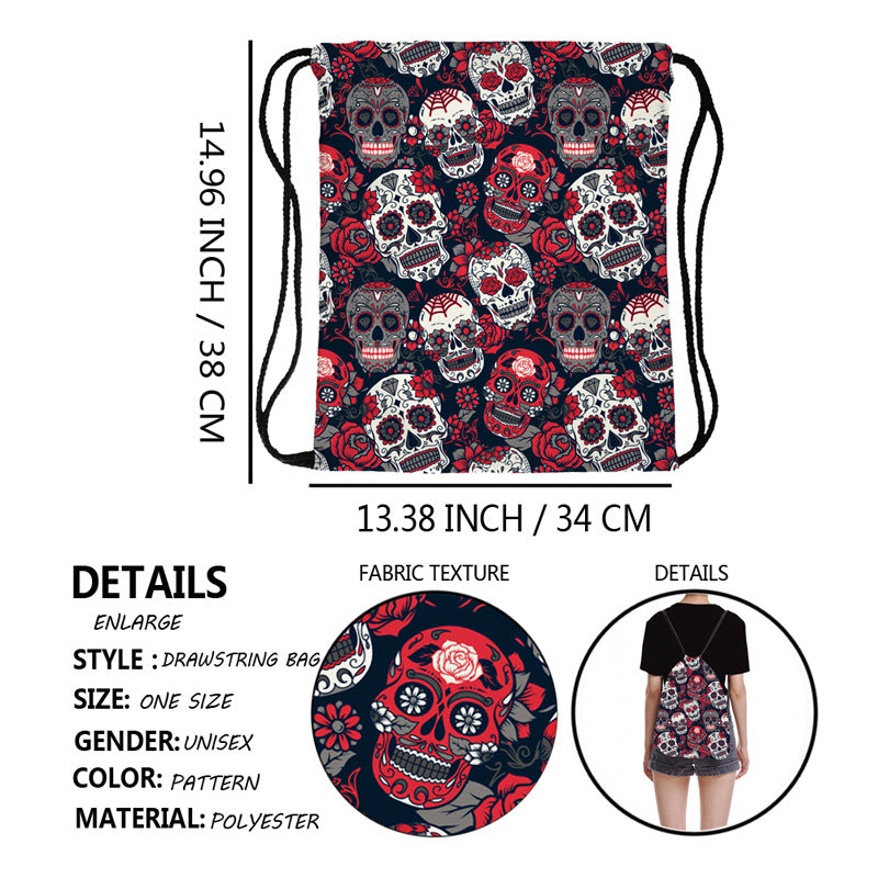 Skull Print Drawstring Backpack Storage Bag