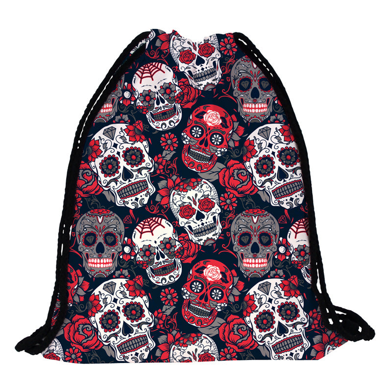 Skull Print Drawstring Backpack Storage Bag