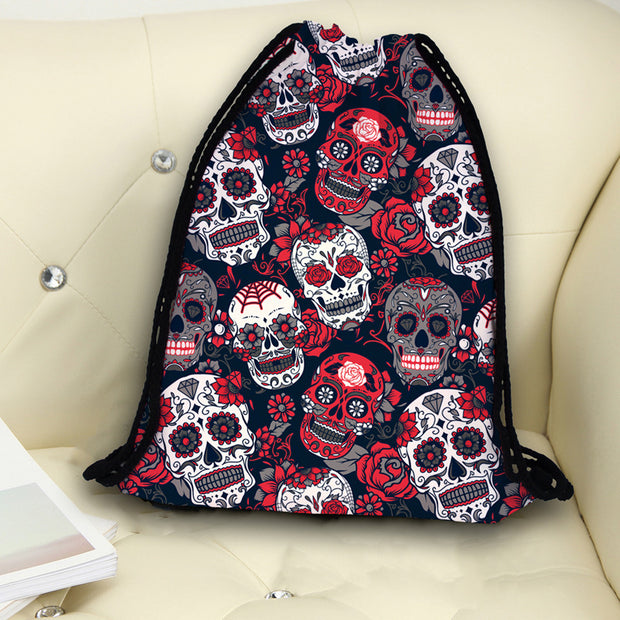 Skull Print Drawstring Backpack Storage Bag