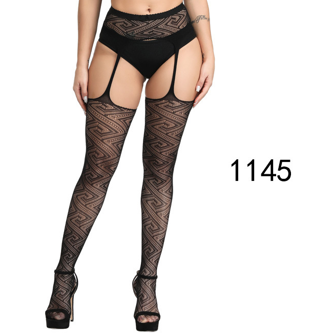 Sexy Jacquard-Netzstrümpfe mit Spitzen-Hosenträgern