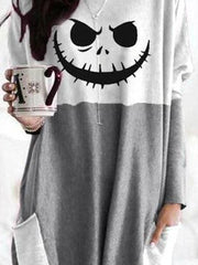 Round neck funny print long-sleeved double pocket loose long T-shirt