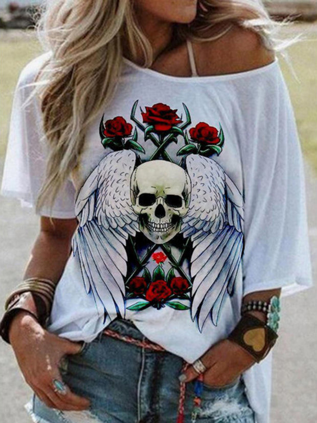 Off-the-shoulder Short-sleeved Wings Skull Rose Print Sexy T-shirt