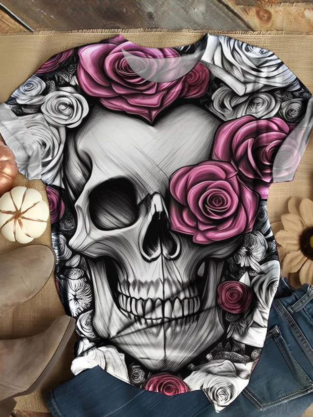 Kurzärmliges T-Shirt mit Totenkopf-Motiv in Blumen-Optik 