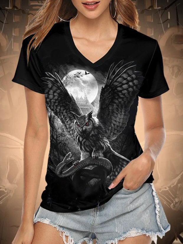 Damen T-Shirt mit V-Ausschnitt und Nachteulen-Print 