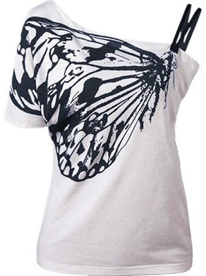 T-Shirt mit unregelmäßigem schulterfreiem Träger und Schmetterlings-Print 