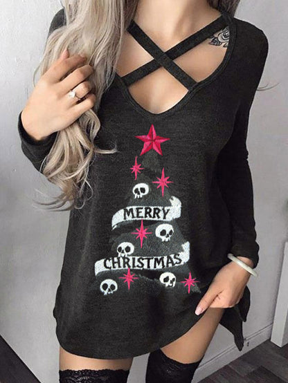 Skull Christmas Tree Crossover V-neck Long-Sleeved T-shirt